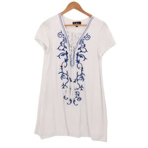 Lulus Embroidered Boho Shift Dress Swim Cover Womens Size M White Blue Resort